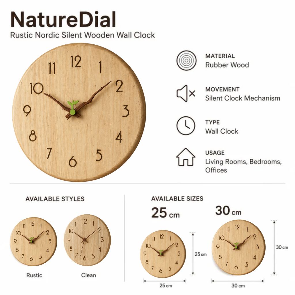 NatureDial Rustic Nordic Silent Wooden Wall Clock