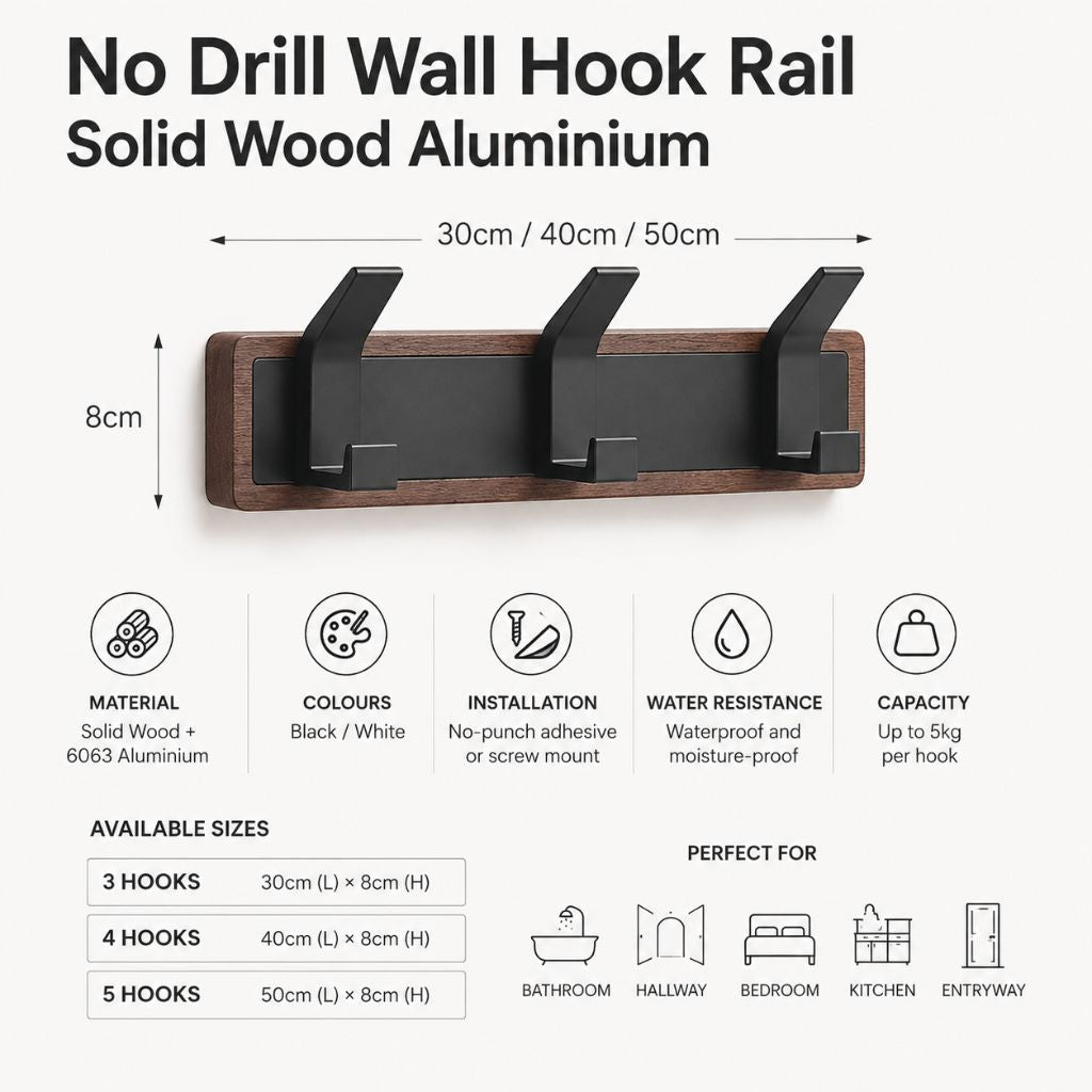 No Drill Wall Hook Rail Solid Wood Aluminium