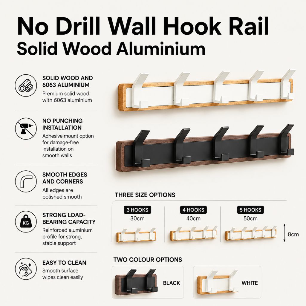 No Drill Wall Hook Rail Solid Wood Aluminium