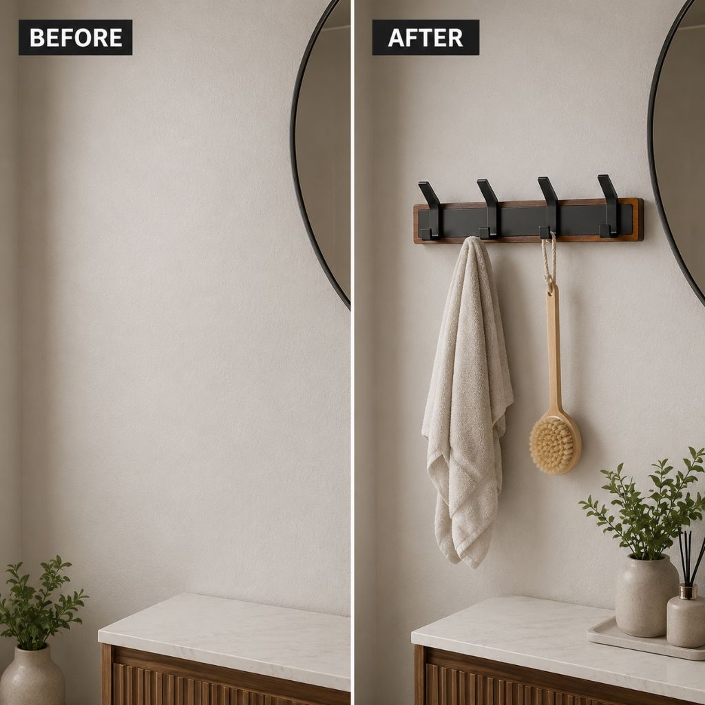 No Drill Wall Hook Rail Solid Wood Aluminium