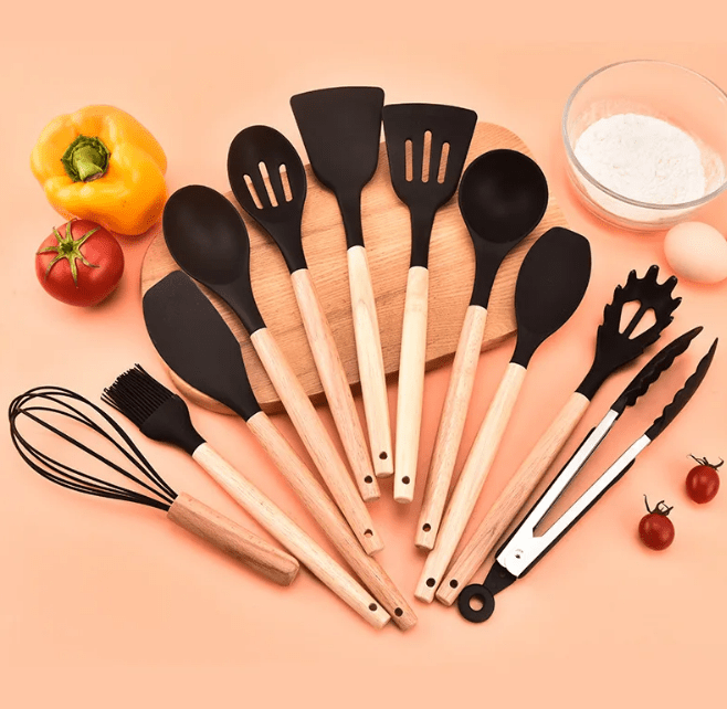 Non - Toxic BPA Free Silicone Cooking Utensil Set with Wooden Handles Lattea - Lattea Global