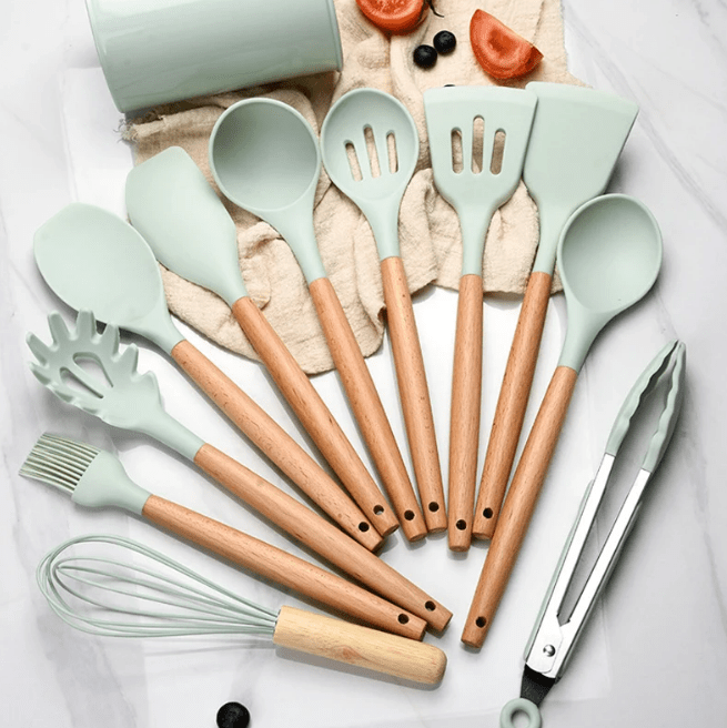 Non - Toxic BPA Free Silicone Cooking Utensil Set with Wooden Handles Lattea - Lattea Global
