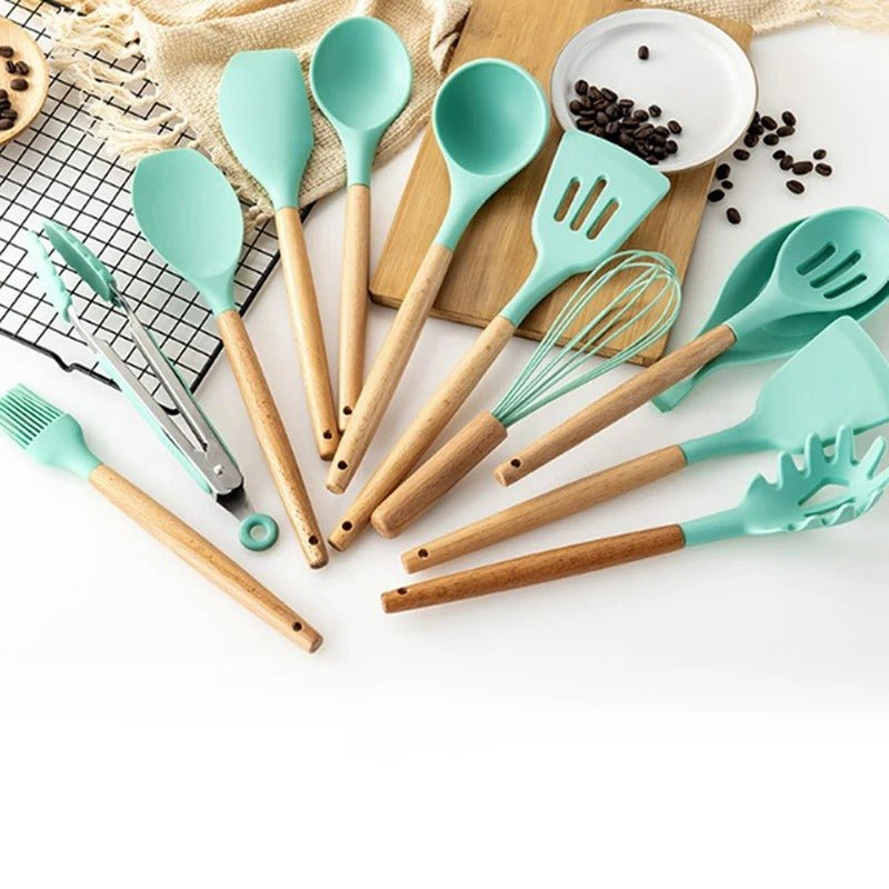 Non - Toxic BPA Free Silicone Cooking Utensil Set with Wooden Handles Lattea - Lattea Global