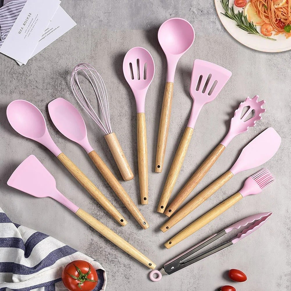 Non - Toxic BPA Free Silicone Cooking Utensil Set with Wooden Handles Lattea - Lattea Global