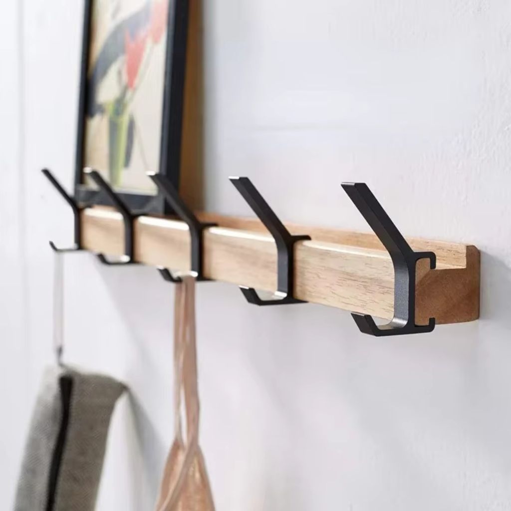 Nordic Coat Rack 5 Movable Hooks Rubber Wood Aluminium Black
