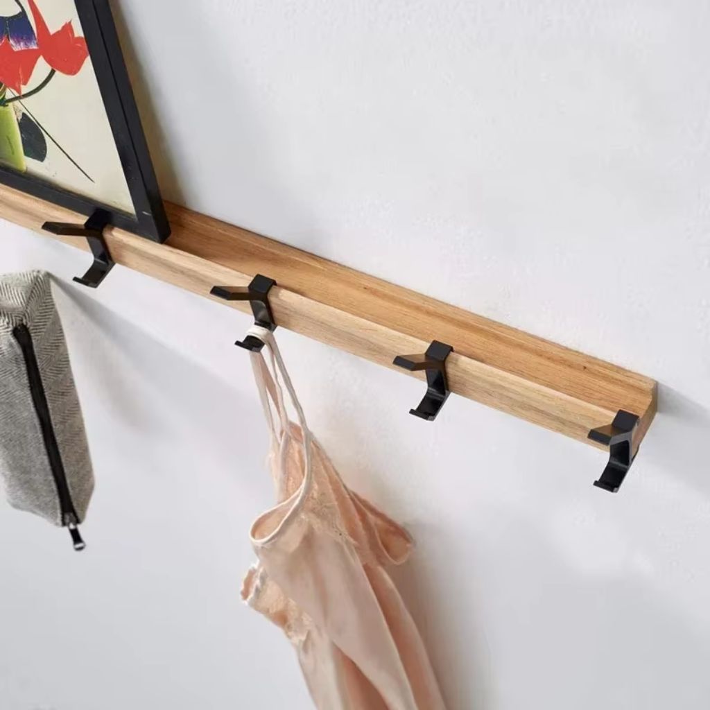 Nordic Coat Rack 5 Movable Hooks Rubber Wood Aluminium Black