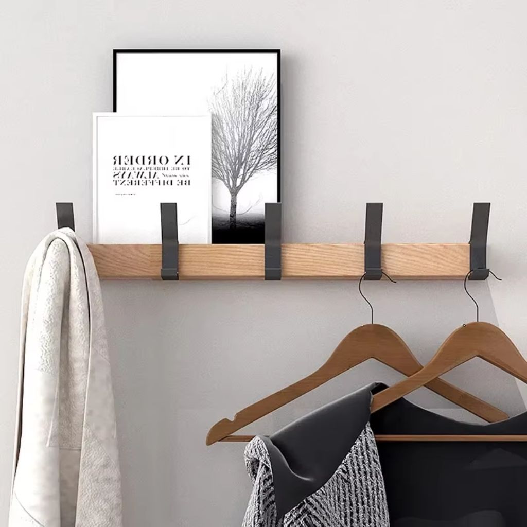 Nordic Coat Rack 5 Movable Hooks Rubber Wood Aluminium Black