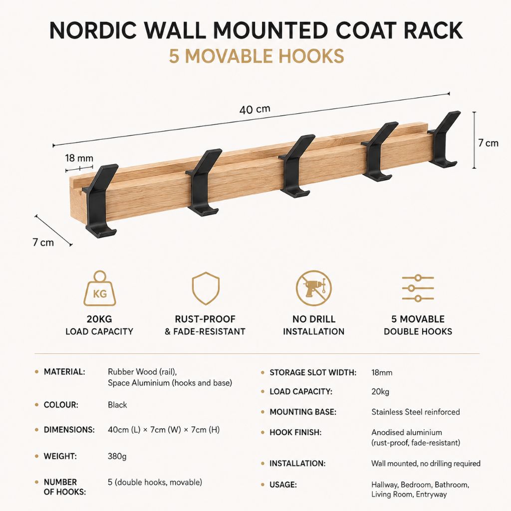 Nordic Coat Rack 5 Movable Hooks Rubber Wood Aluminium Black