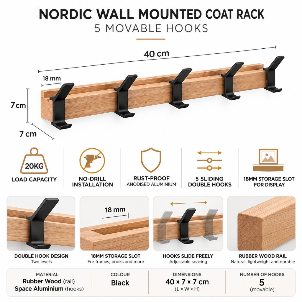 Nordic Coat Rack 5 Movable Hooks Rubber Wood Aluminium Black