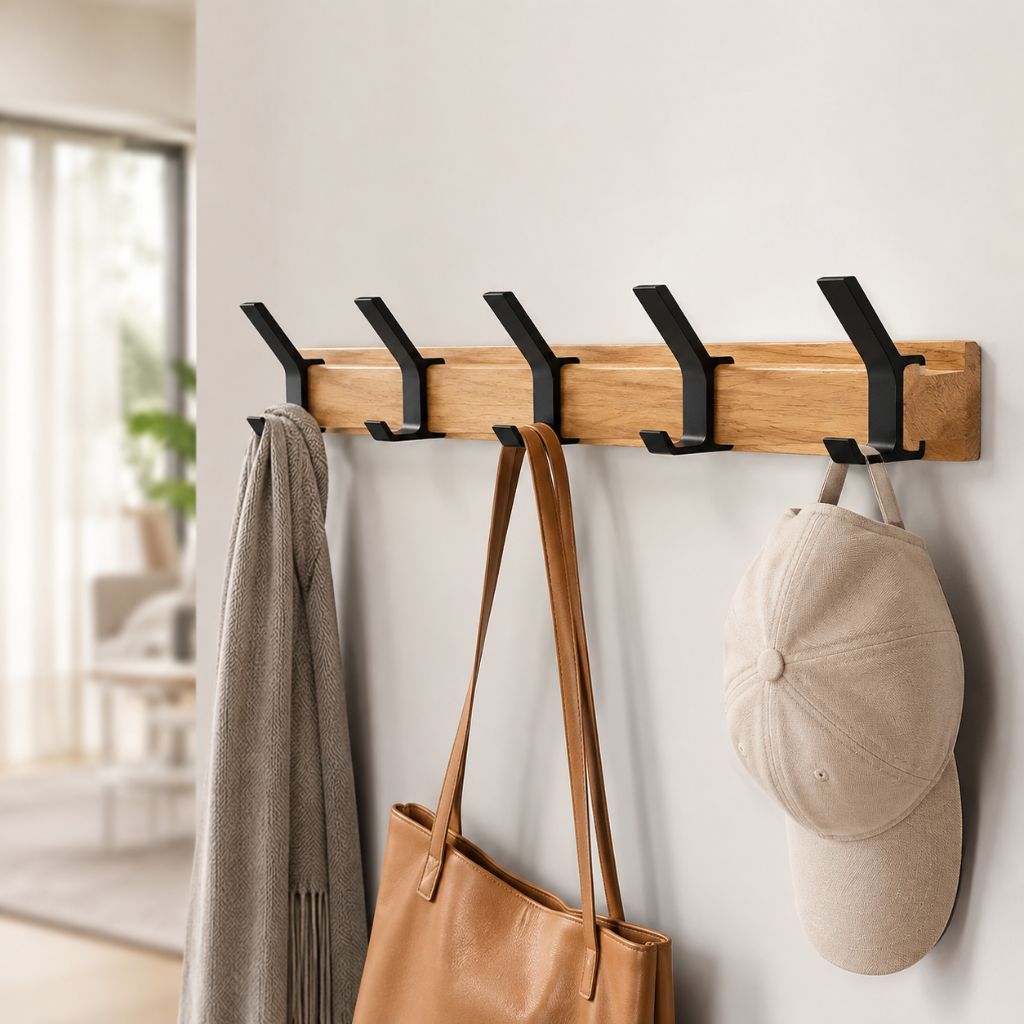 Nordic Coat Rack 5 Movable Hooks Rubber Wood Aluminium Black