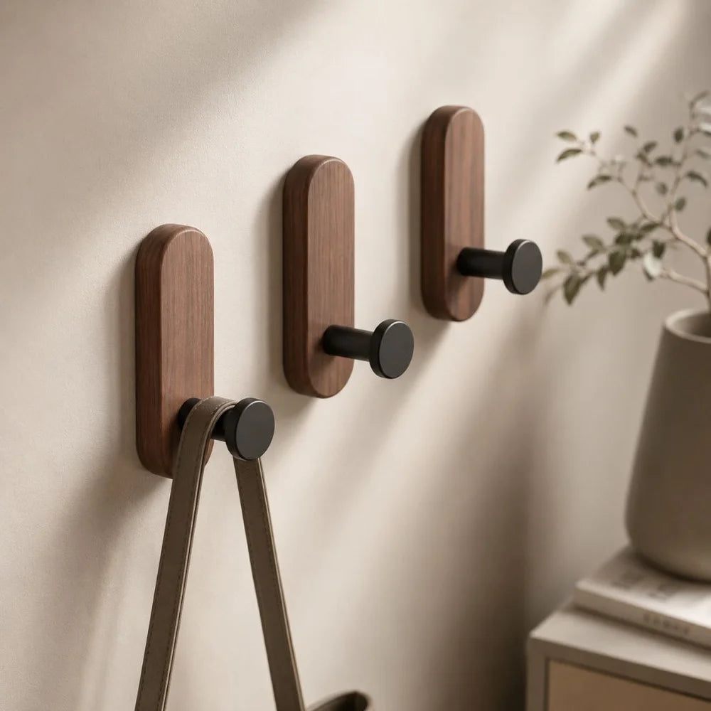 Nordic walnut wood adhesive wall hooks - no drill