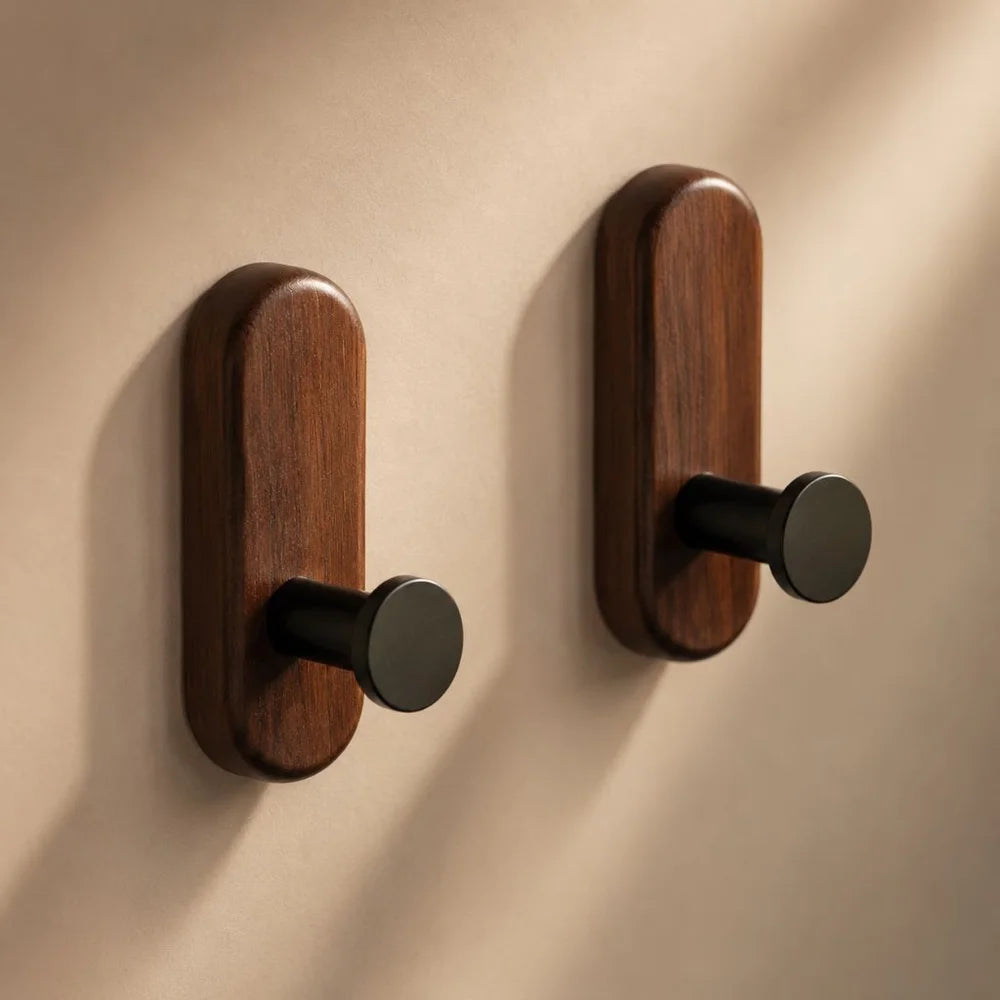 Nordic walnut wood adhesive wall hooks - no drill - view 2