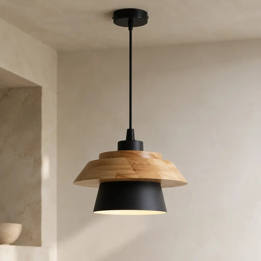 Nordic Iron & Wood Pendant Light in black hero display