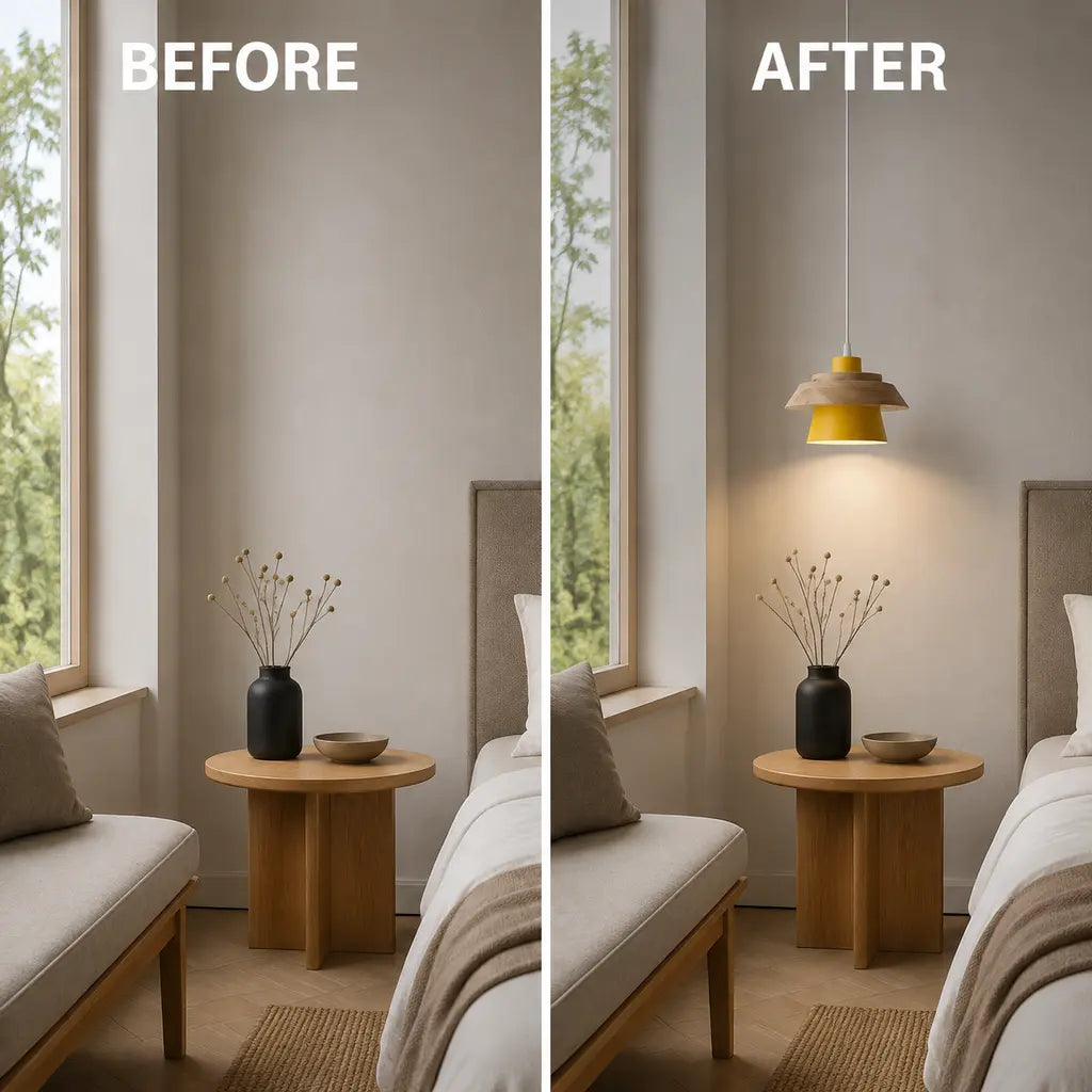 Nordic Iron & Wood Pendant Light before and after room lighting