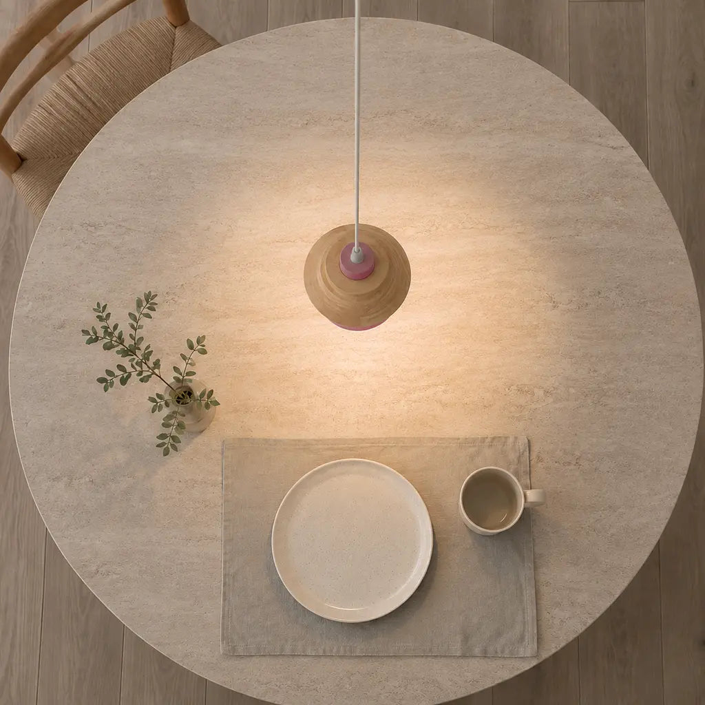Nordic Iron & Wood Pendant Light in pink from a top-down view