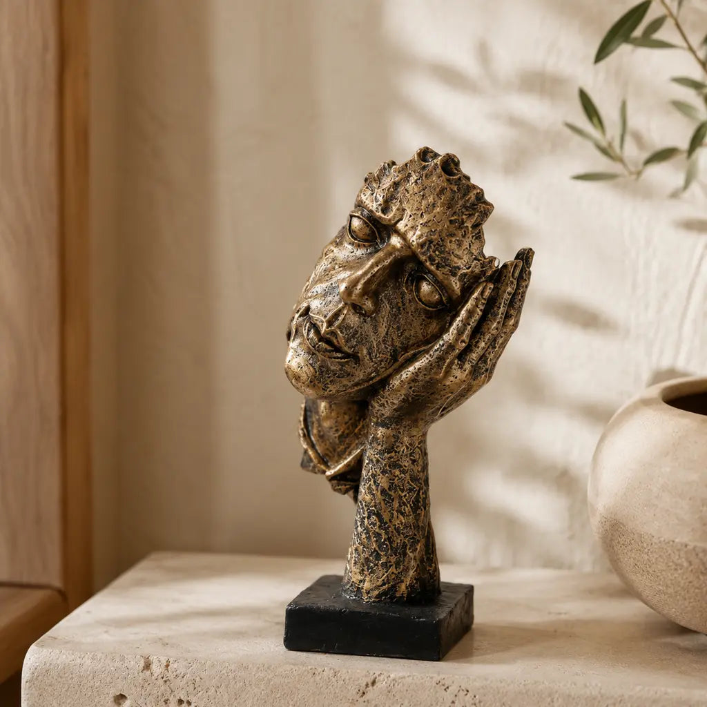 Odin's Faces Nordic-Inspired Resin Sculpture in a warm Japandi interior