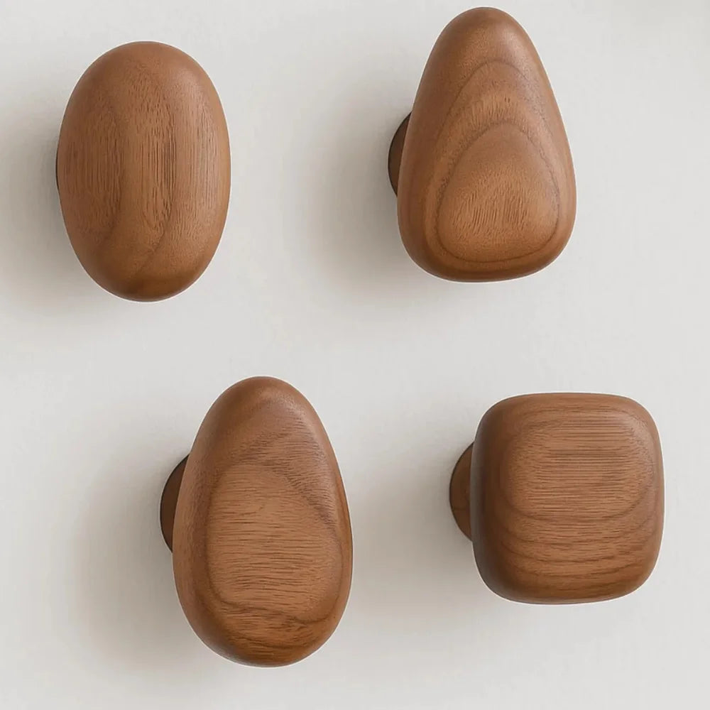 Organic pebble solid wood wall hooks set of 4