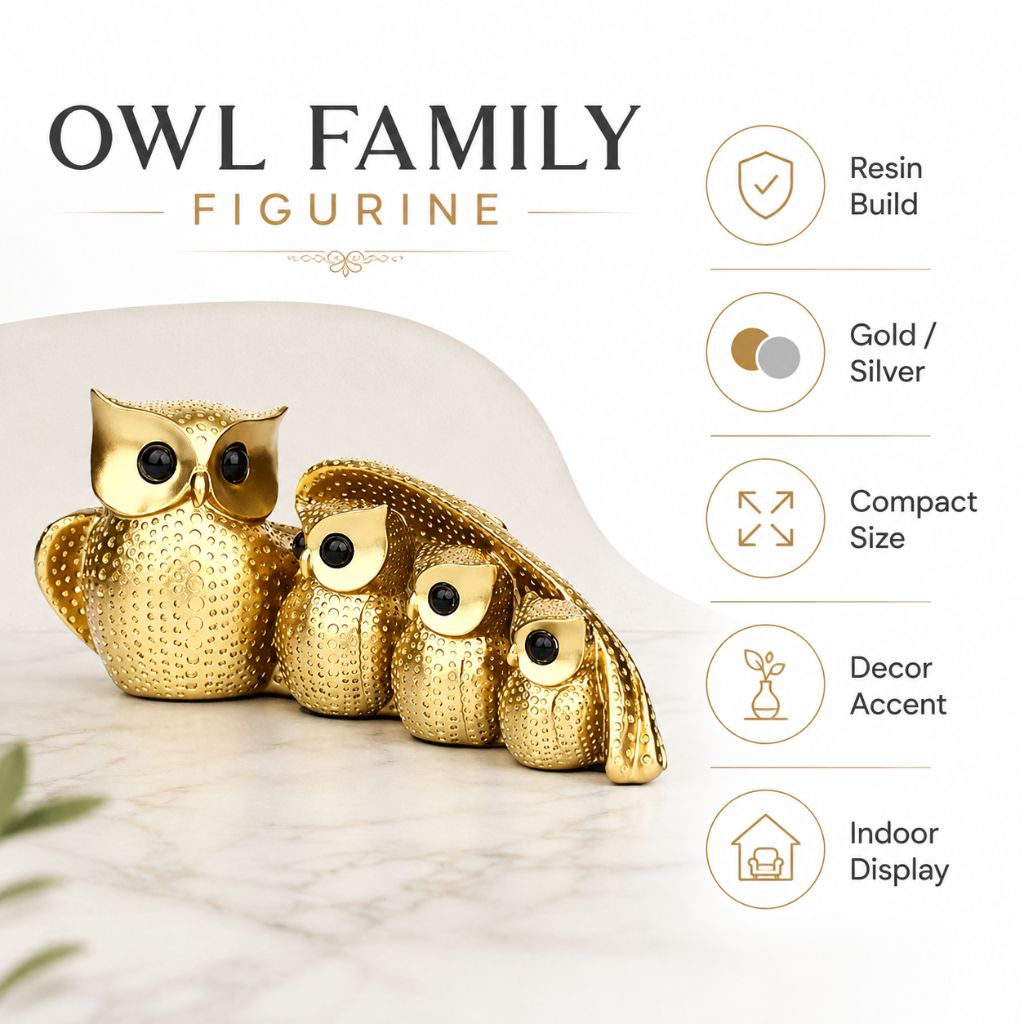 Owl Family Resin Figurine in Gold or Silver Finish