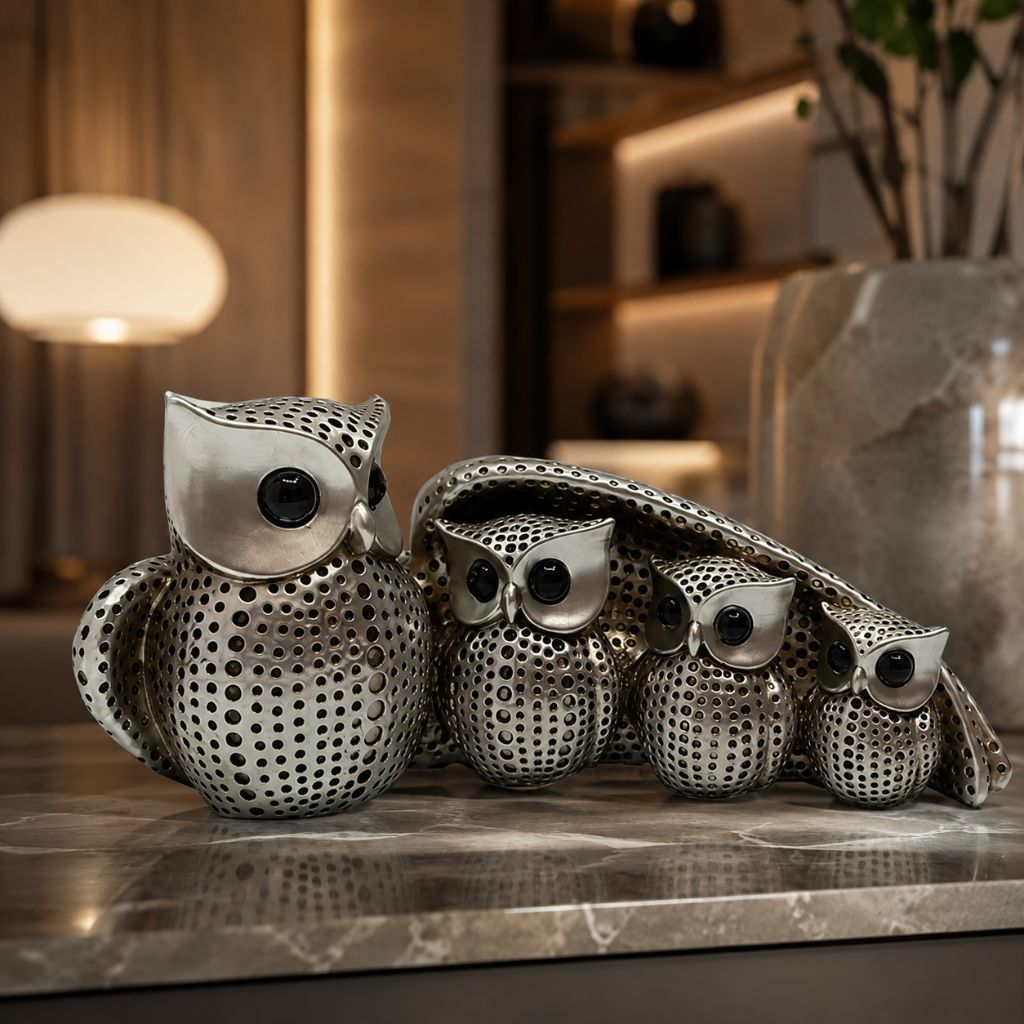 Owl Family Resin Figurine in Gold or Silver Finish