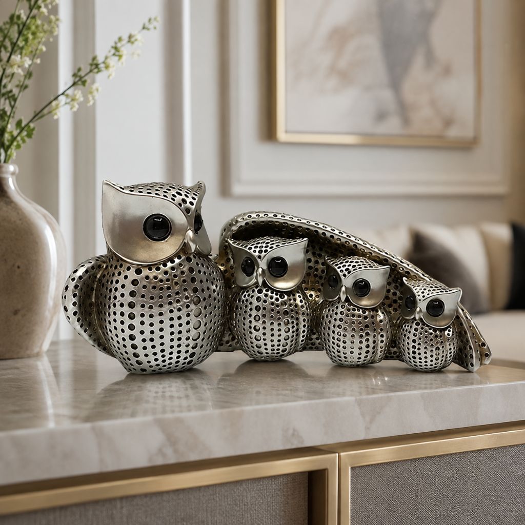 Owl Family Resin Figurine in Gold or Silver Finish