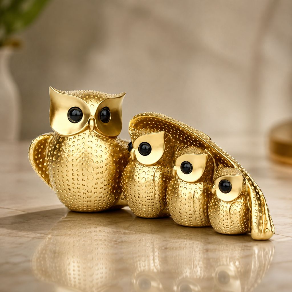 Owl Family Resin Figurine in Gold or Silver Finish