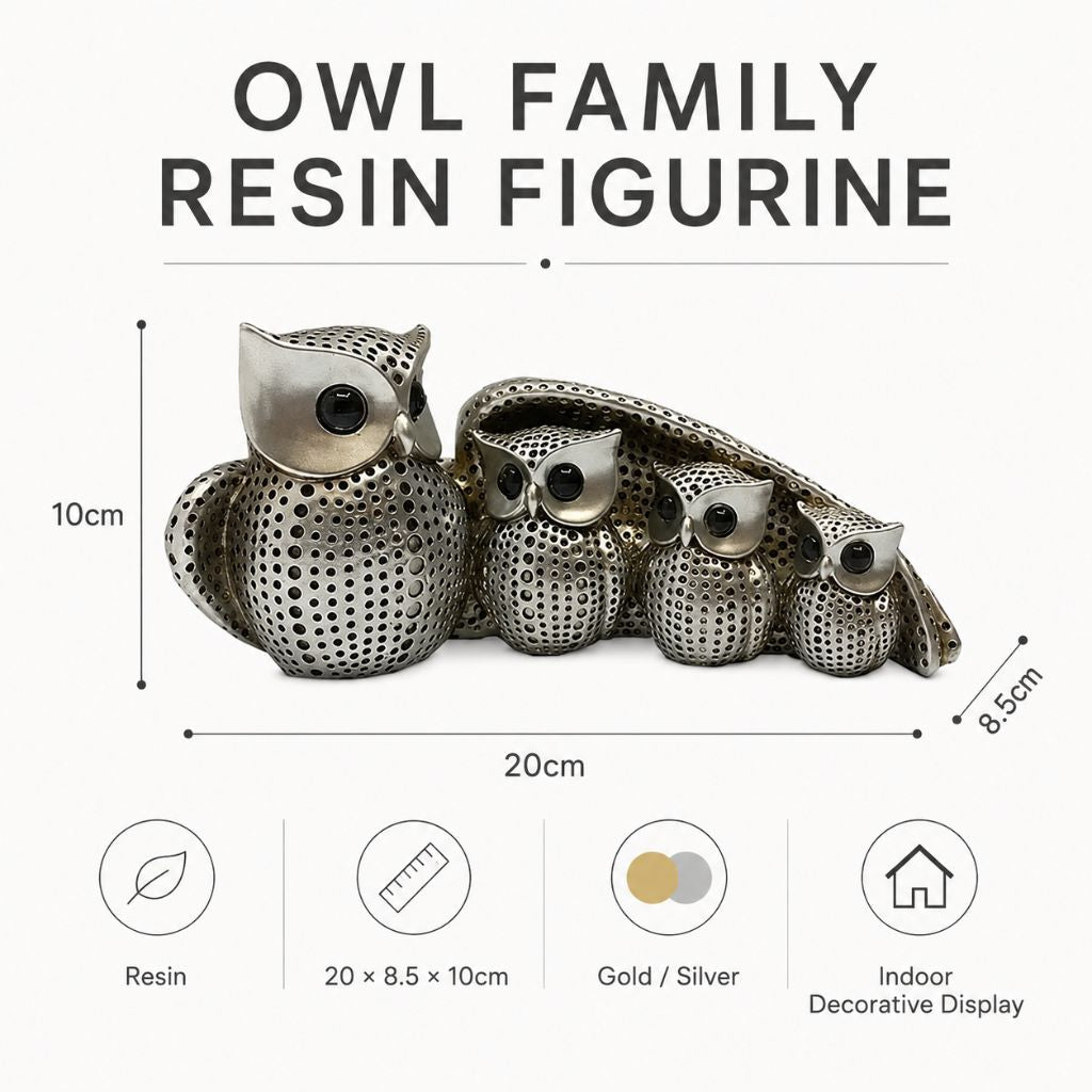 Owl Family Resin Figurine in Gold or Silver Finish