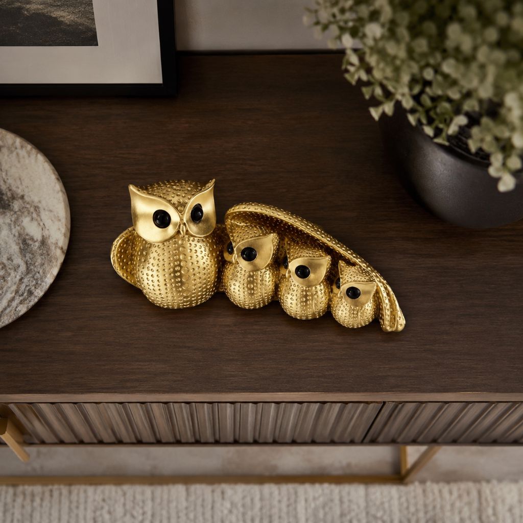 Owl Family Resin Figurine in Gold or Silver Finish