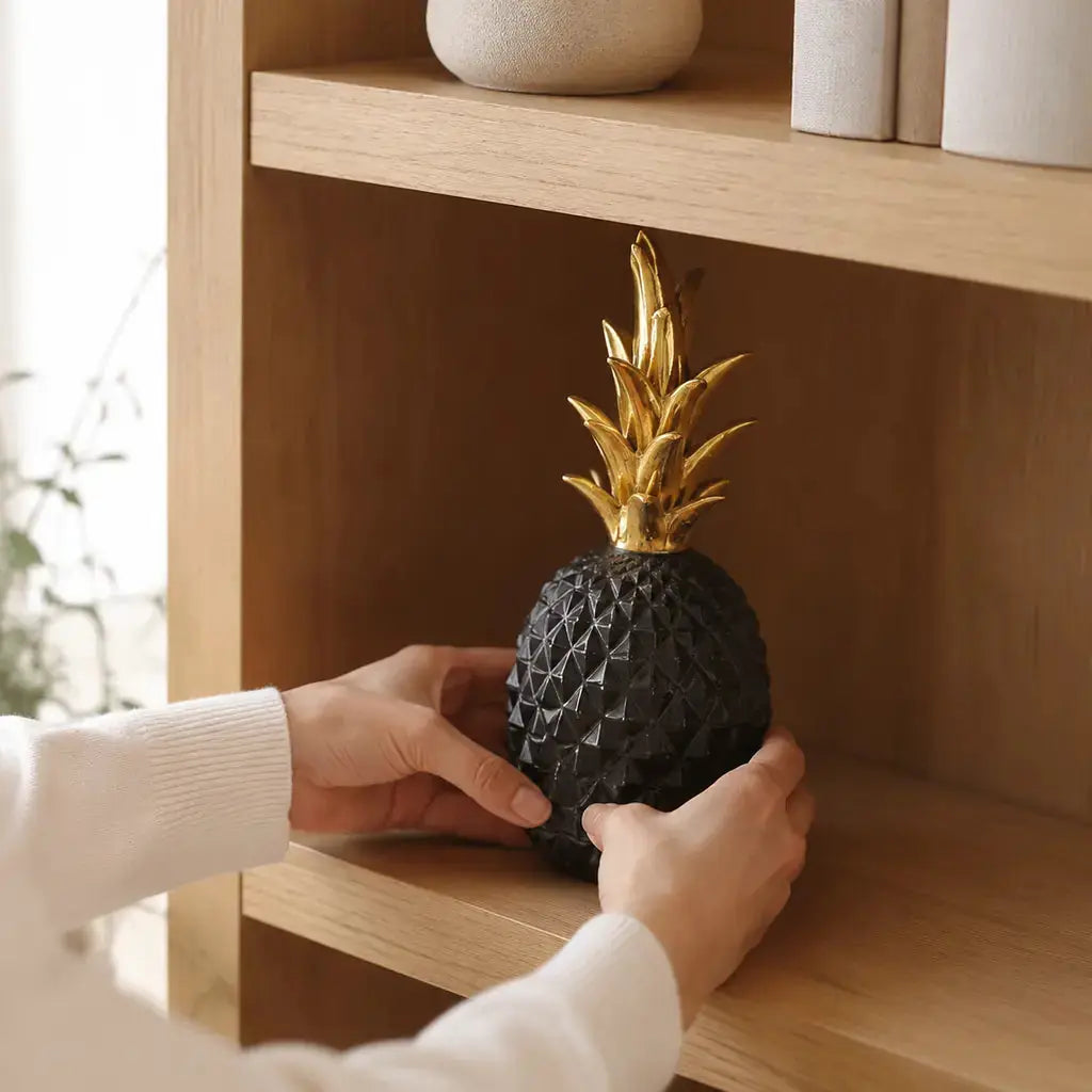 Black Resin Pineapple Decorative Sculpture being placed on a shelf