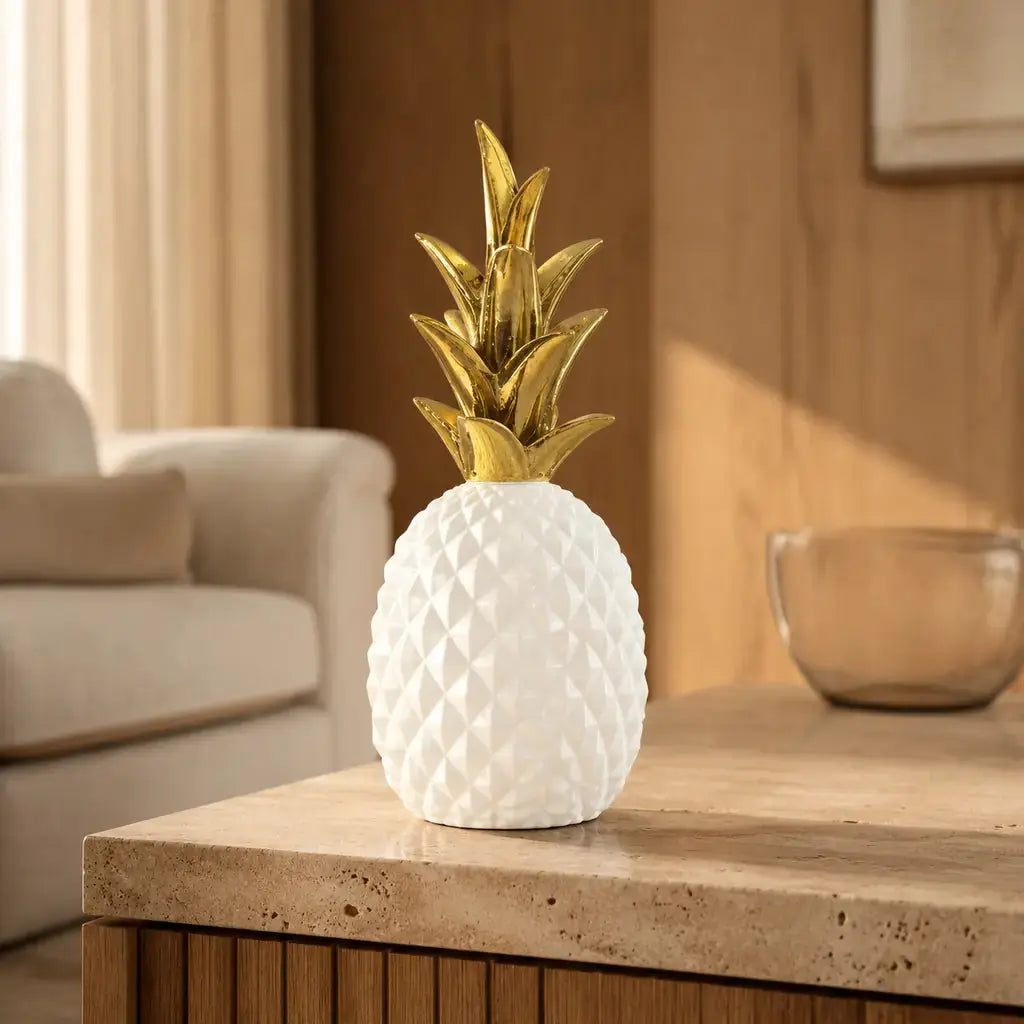 White Resin Pineapple Decorative Sculpture in a premium modern interior