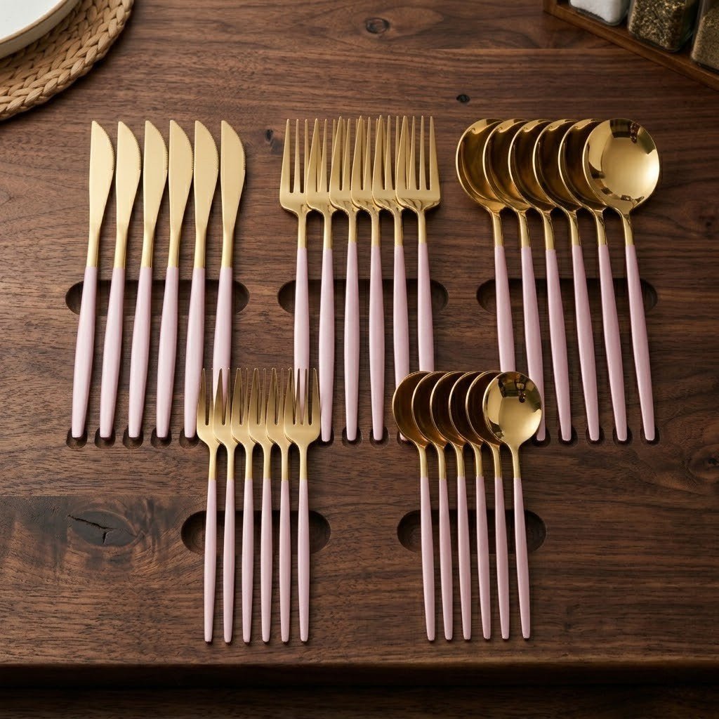 Pink & Gold Stainless Steel Cutlery Set – 30 Piece - Lattea Global