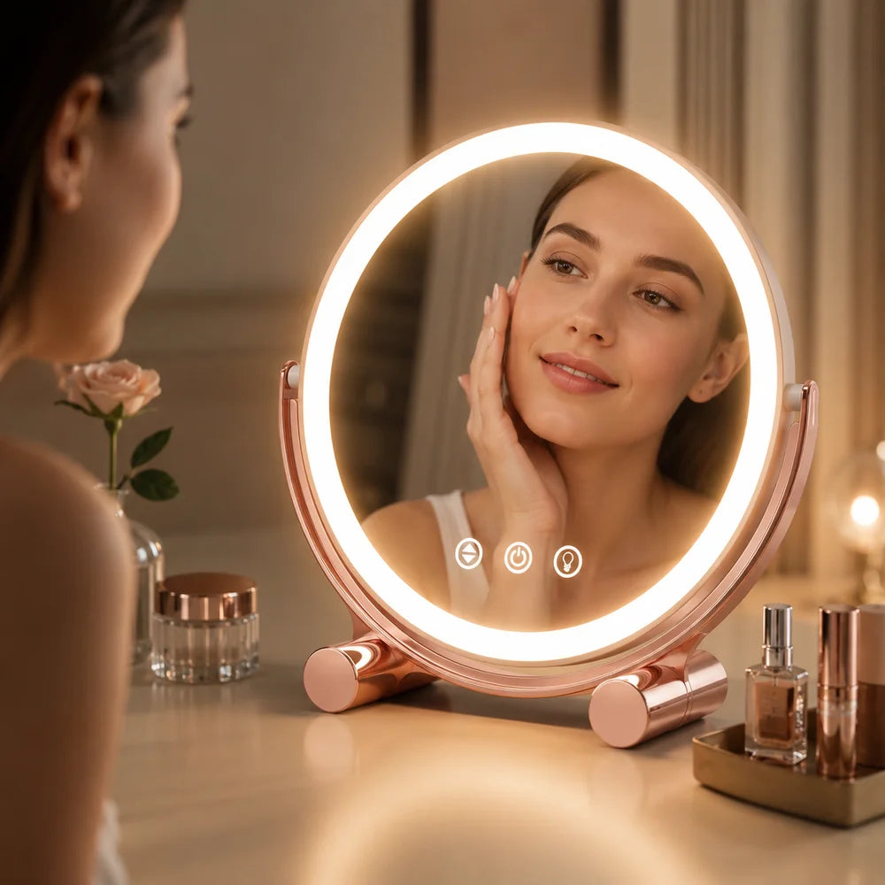 Pink tabletop led makeup mirror rechargeable touch control - view 3