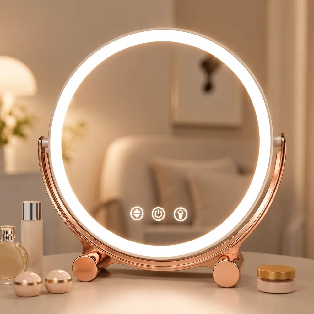 Pink tabletop led makeup mirror rechargeable touch control - view 8