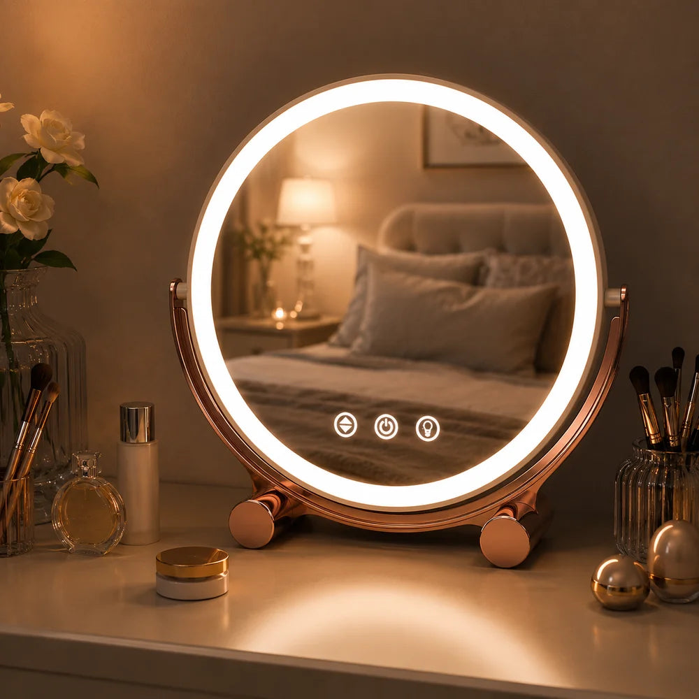 Pink tabletop led makeup mirror rechargeable touch control - view 9