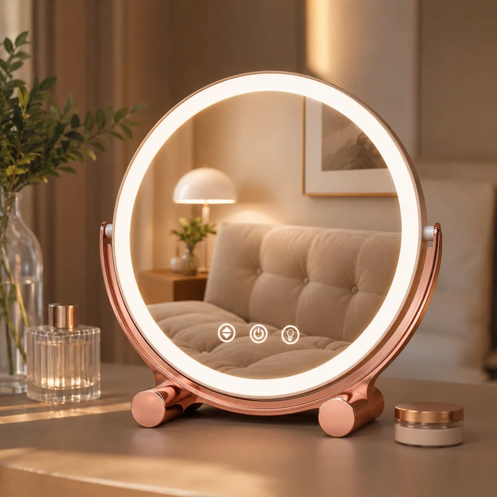 Pink tabletop led makeup mirror rechargeable touch control - view 10