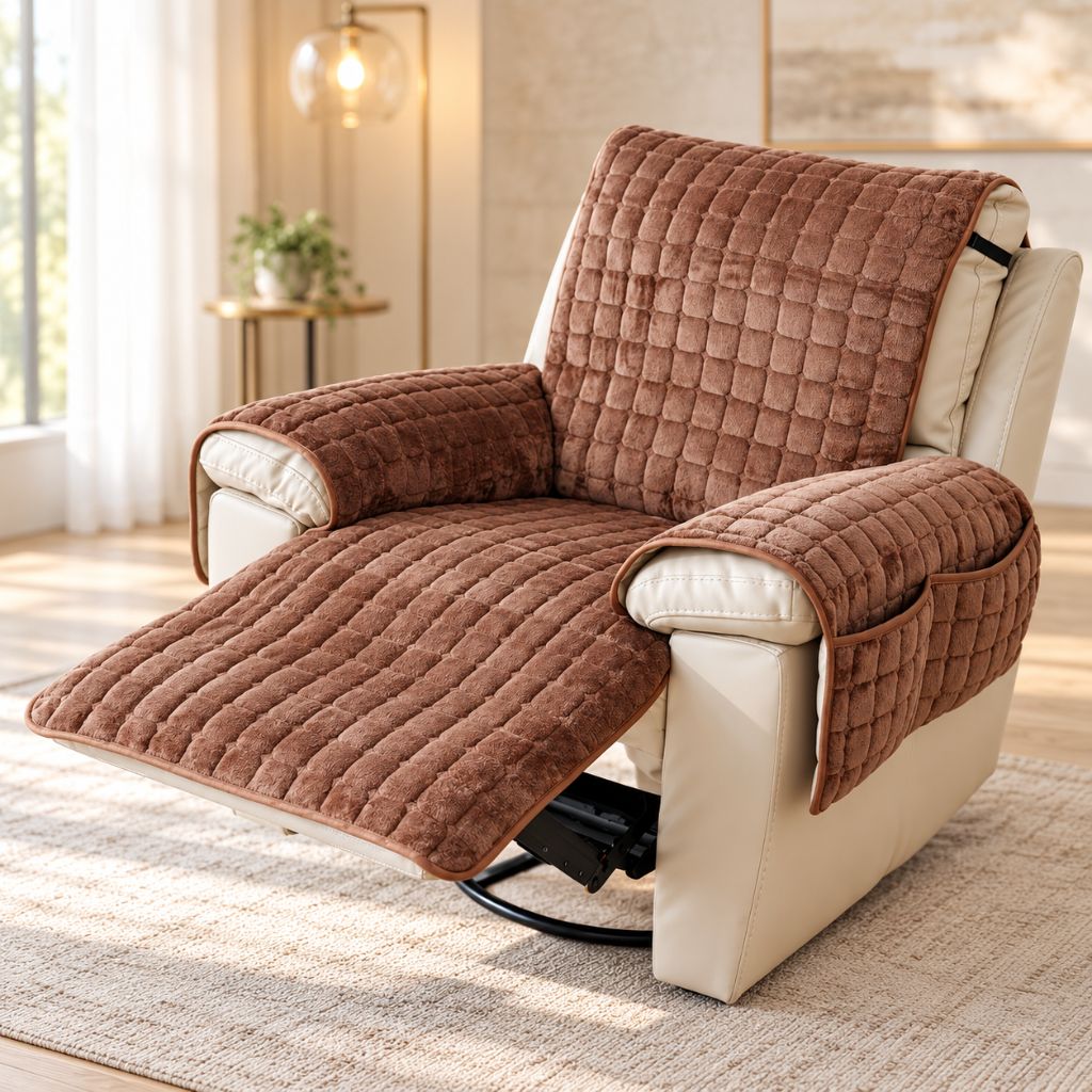 Plush Quilted Recliner Chair Cover with Side Storage Pockets