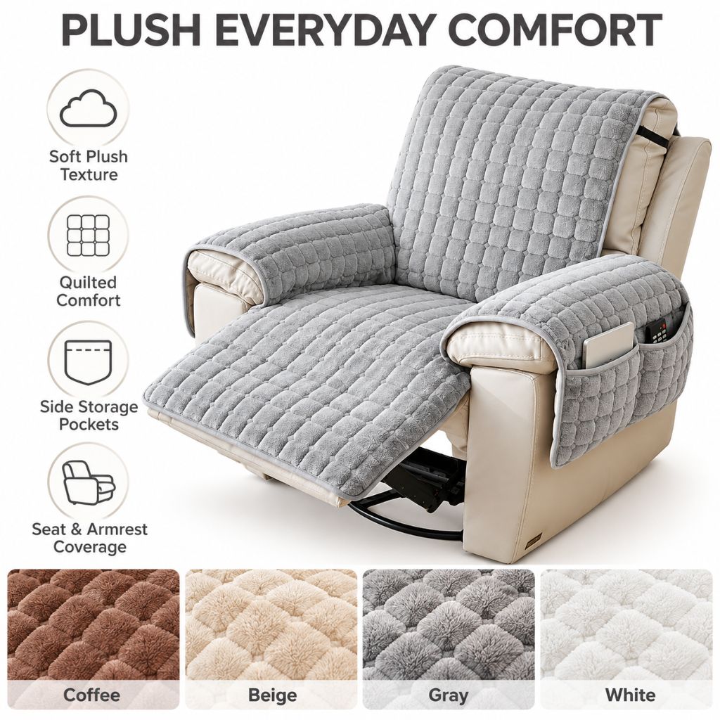 Plush Quilted Recliner Chair Cover with Side Storage Pockets