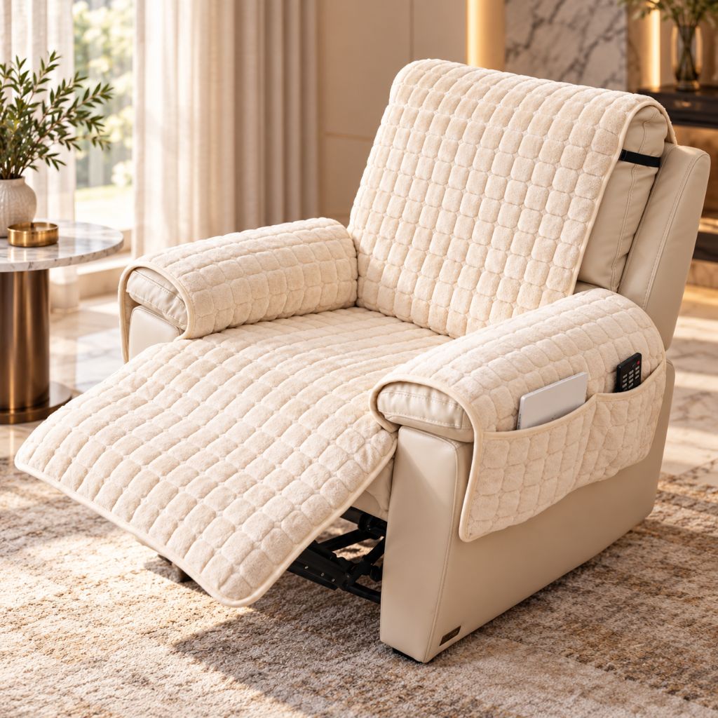 Plush Quilted Recliner Chair Cover with Side Storage Pockets