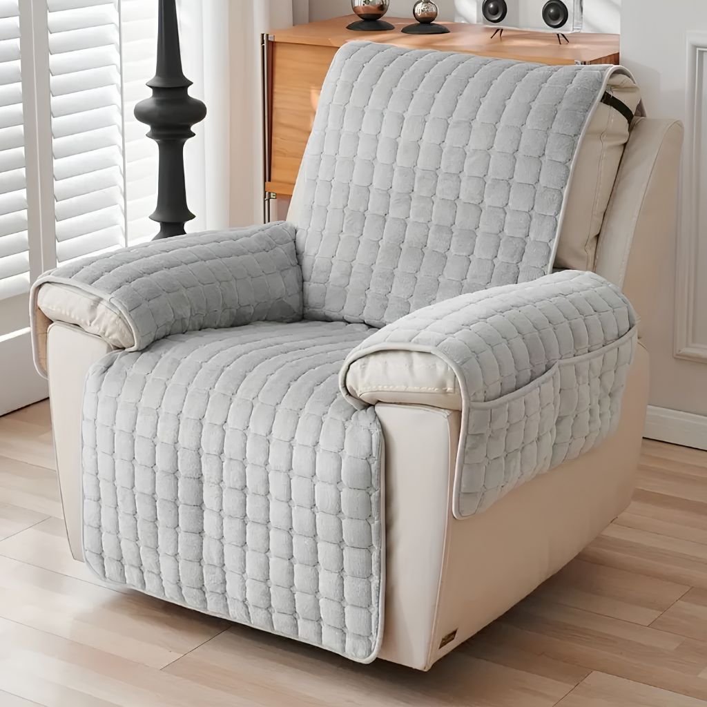 Plush Quilted Recliner Chair Cover with Side Storage Pockets