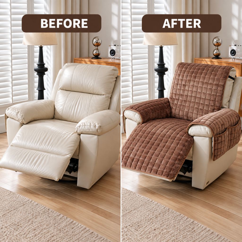Plush Quilted Recliner Chair Cover with Side Storage Pockets