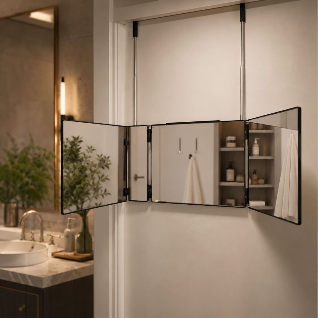 Portable Foldable Tri-Panel Makeup Mirror Telescopic Hooks