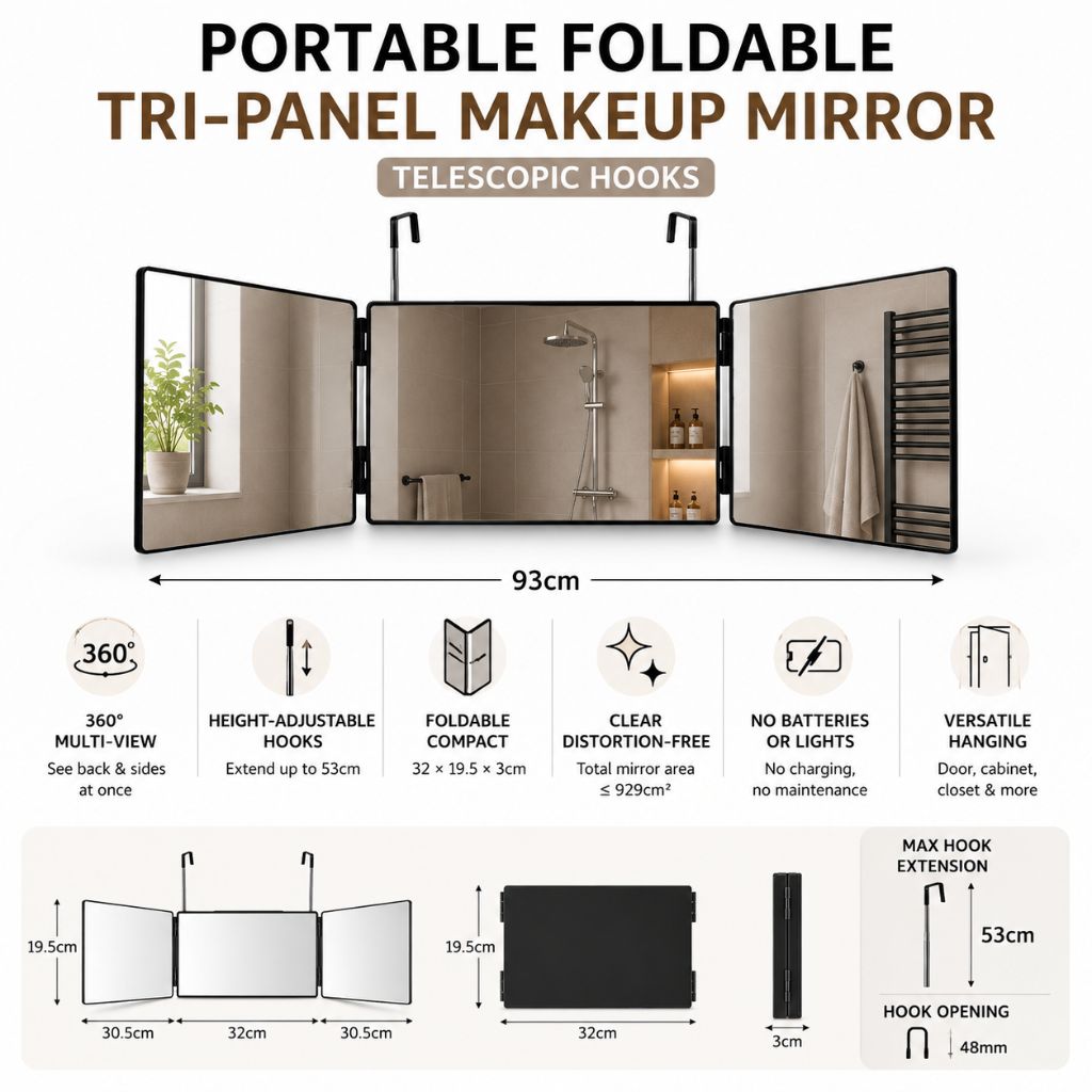 Portable Foldable Tri-Panel Makeup Mirror Telescopic Hooks