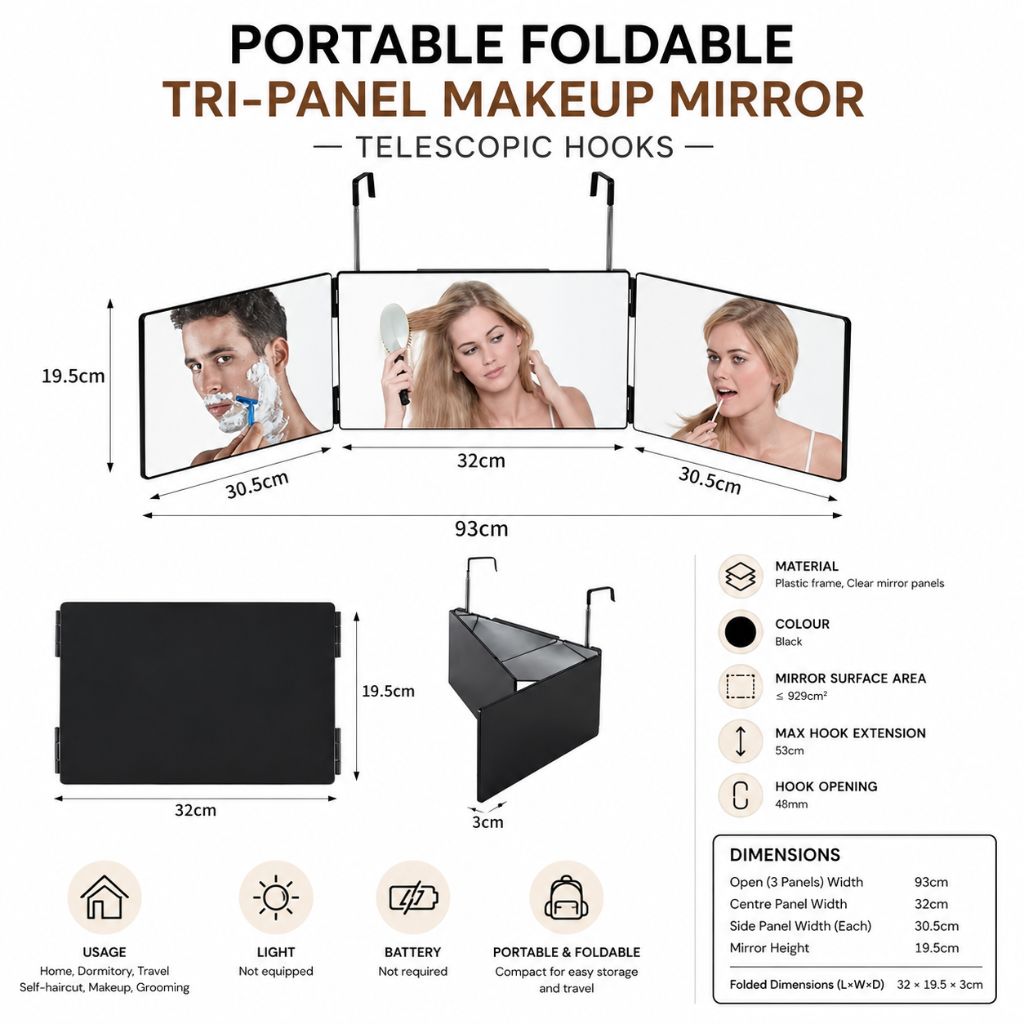 Portable Foldable Tri-Panel Makeup Mirror Telescopic Hooks