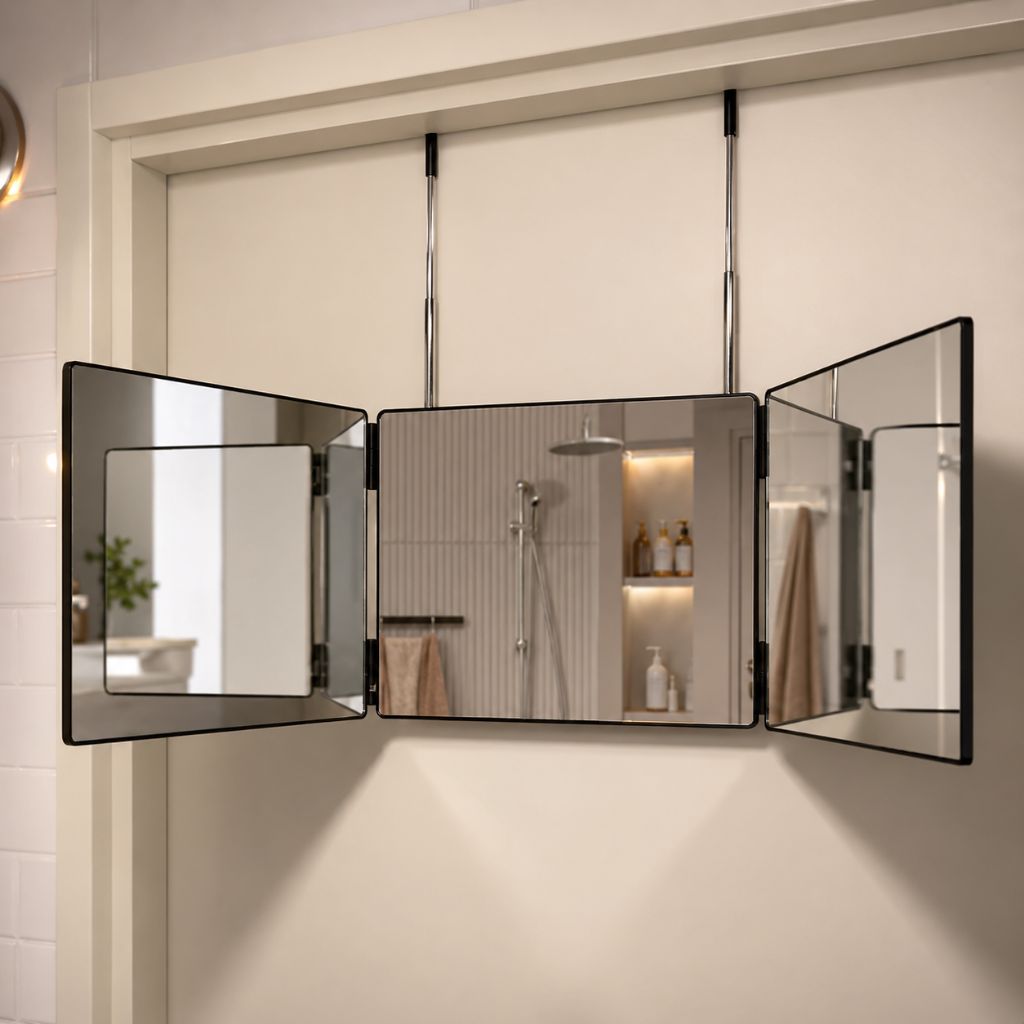 Portable Foldable Tri-Panel Makeup Mirror Telescopic Hooks
