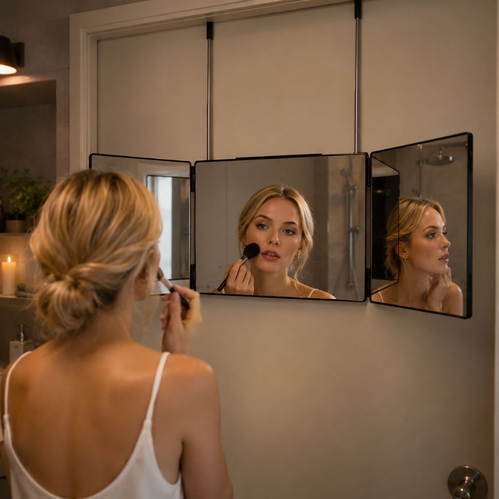 Portable Foldable Tri-Panel Makeup Mirror Telescopic Hooks