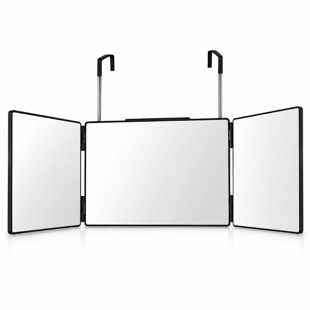 Portable Foldable Tri-Panel Makeup Mirror Telescopic Hooks