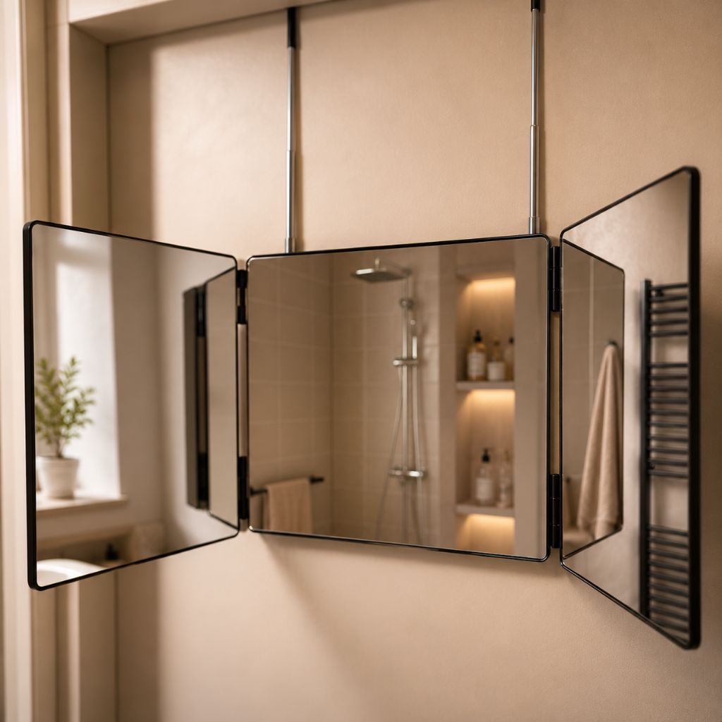 Portable Foldable Tri-Panel Makeup Mirror Telescopic Hooks