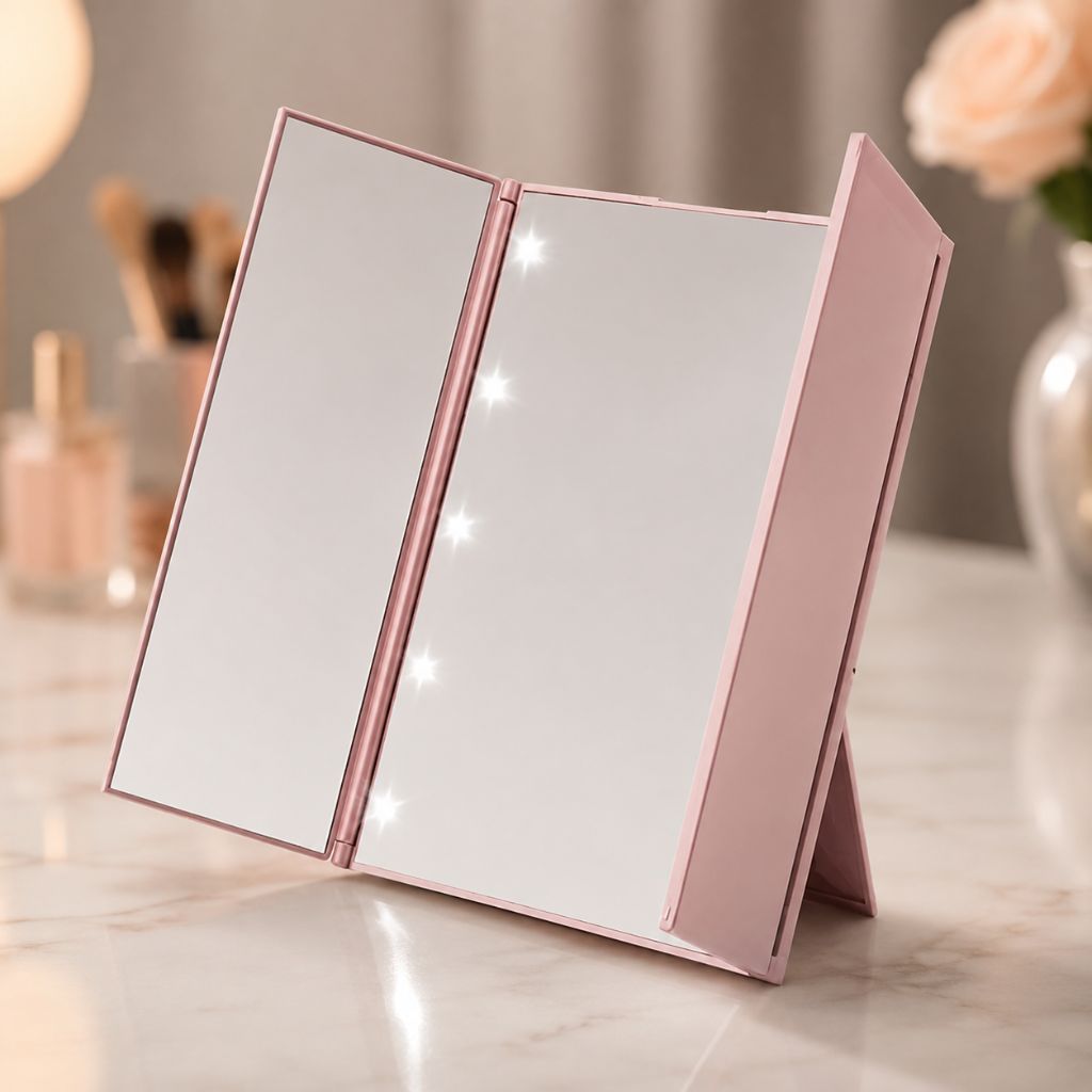 Portable LED Tri-Fold Makeup Mirror Travel Vanity Adjustable Stand