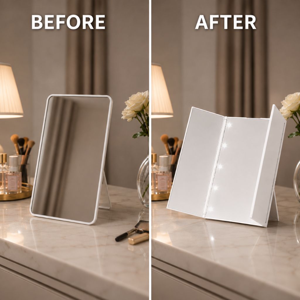 Portable LED Tri-Fold Makeup Mirror Travel Vanity Adjustable Stand