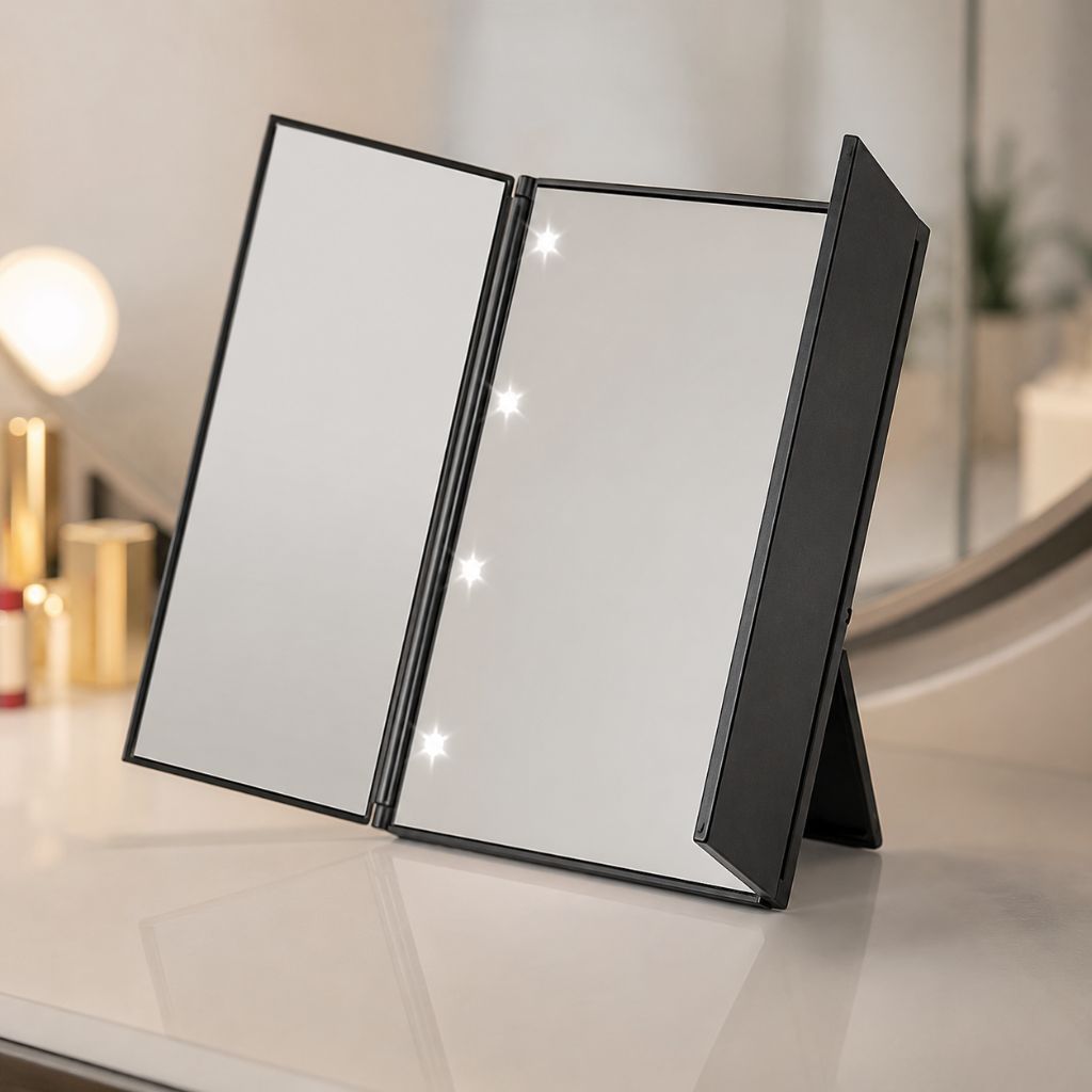 Portable LED Tri-Fold Makeup Mirror Travel Vanity Adjustable Stand