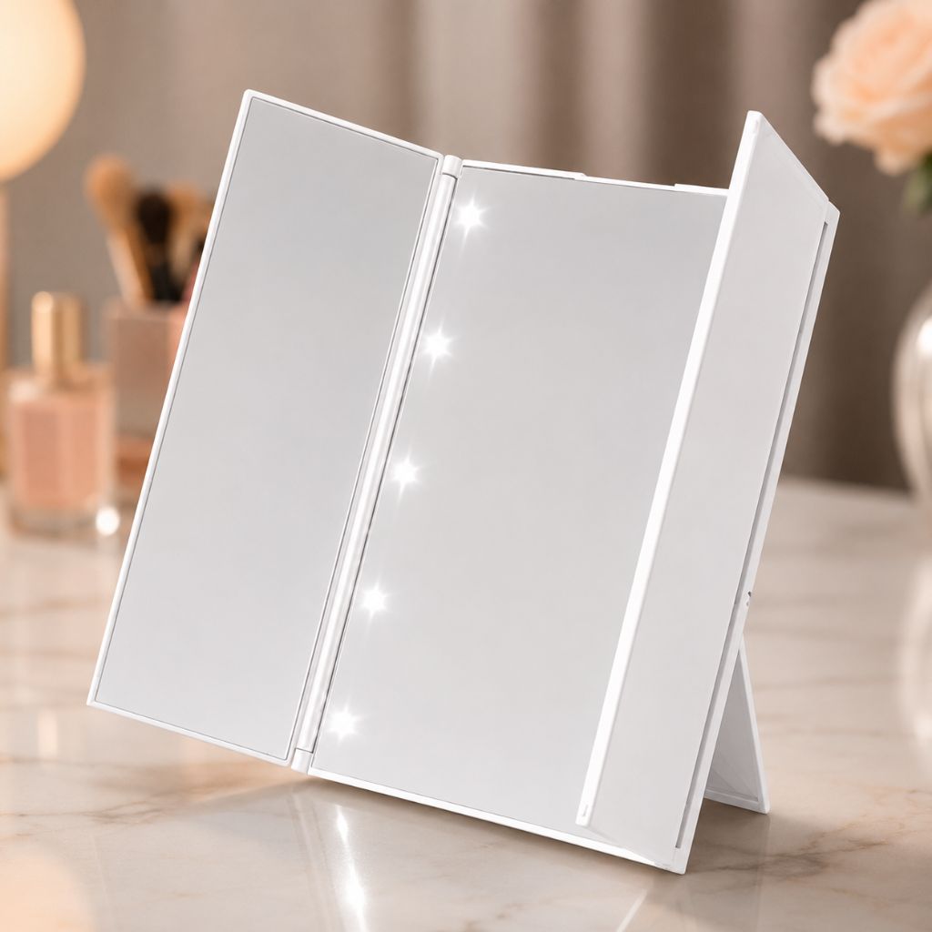 Portable LED Tri-Fold Makeup Mirror Travel Vanity Adjustable Stand